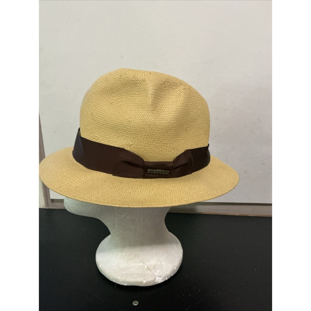 Stetson Straw Fedora Hat Mens Medium Brown Ribbon Band Misshapen